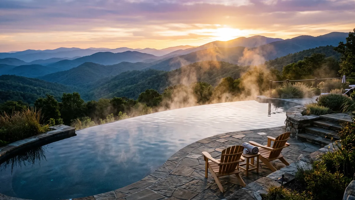 Margaritaville Island Hotel rooftop pool overlooking the Pigeon Forge Parkway and Smoky Mountains near Dollywood