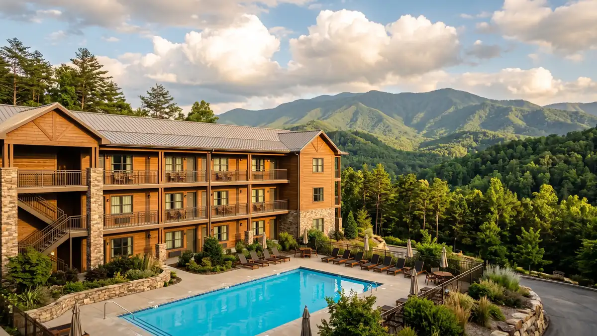 Courtyard by Marriott Pigeon Forge exterior with outdoor pool and mountain views near Dollywood Tennessee
