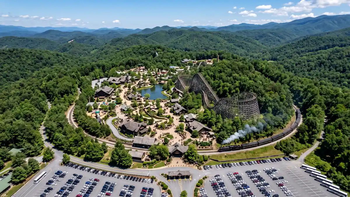 Aerial overview of Dollywood theme park nestled in the Great Smoky Mountain foothills in Pigeon Forge Tennessee