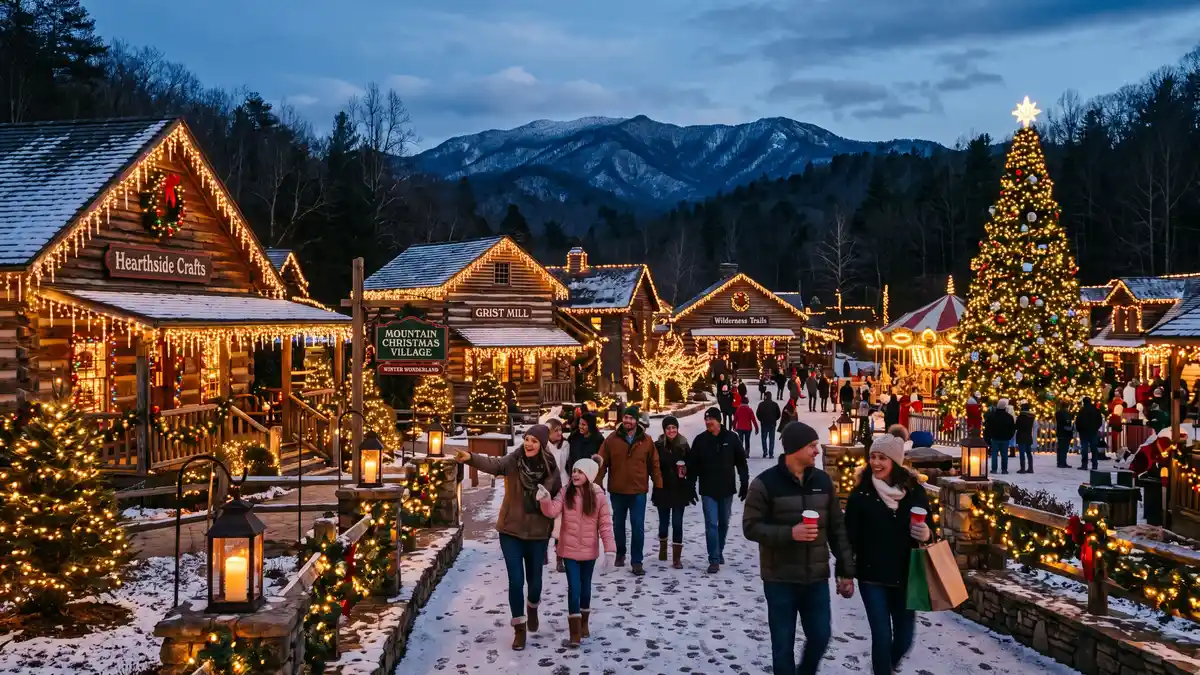 Smoky Mountain Christmas lights display with over six million lights illuminating Dollywood in Pigeon Forge Tennessee