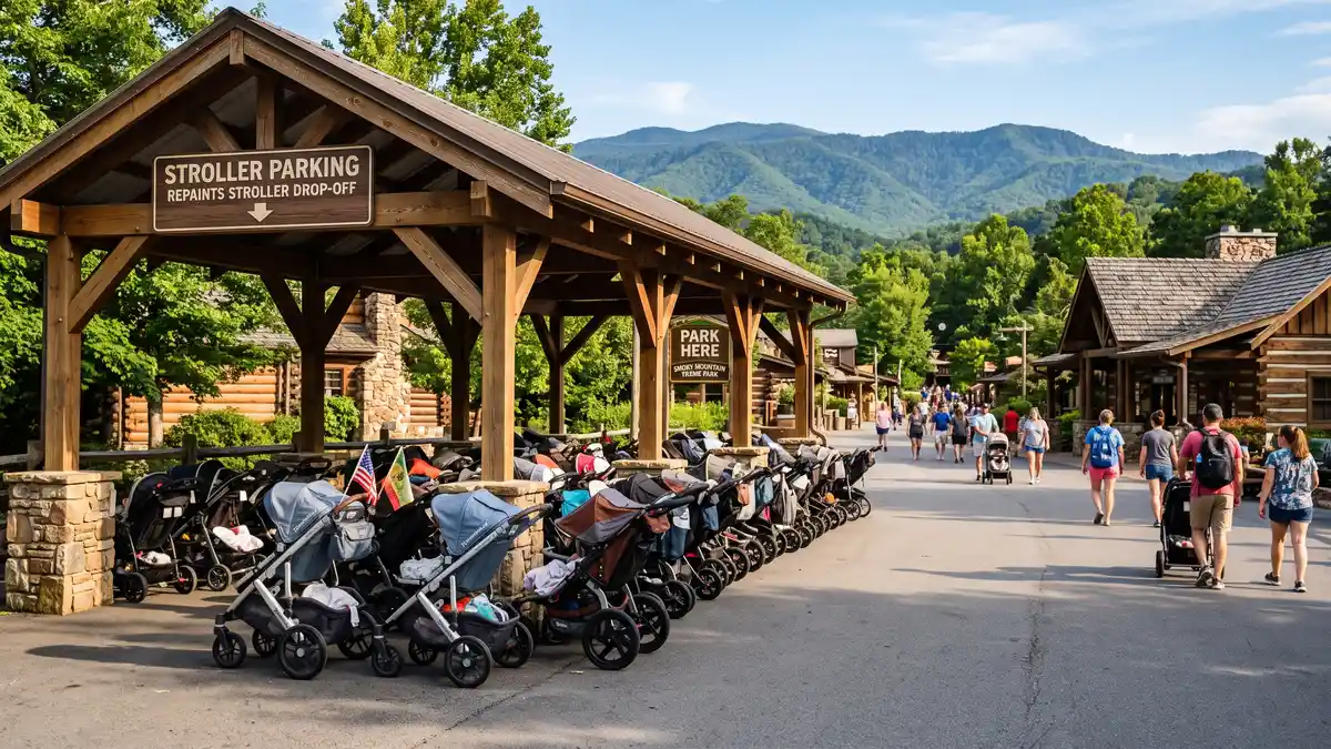 Stroller parking area near Wildwood Grove entrance at Dollywood Pigeon Forge Tennessee