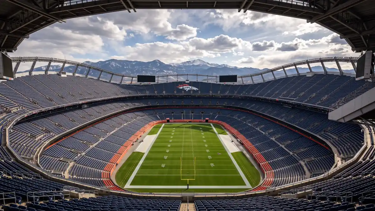 Inside Empower Field at Mile High during a stadium tour showing the field and Rocky Mountain views from the upper deck