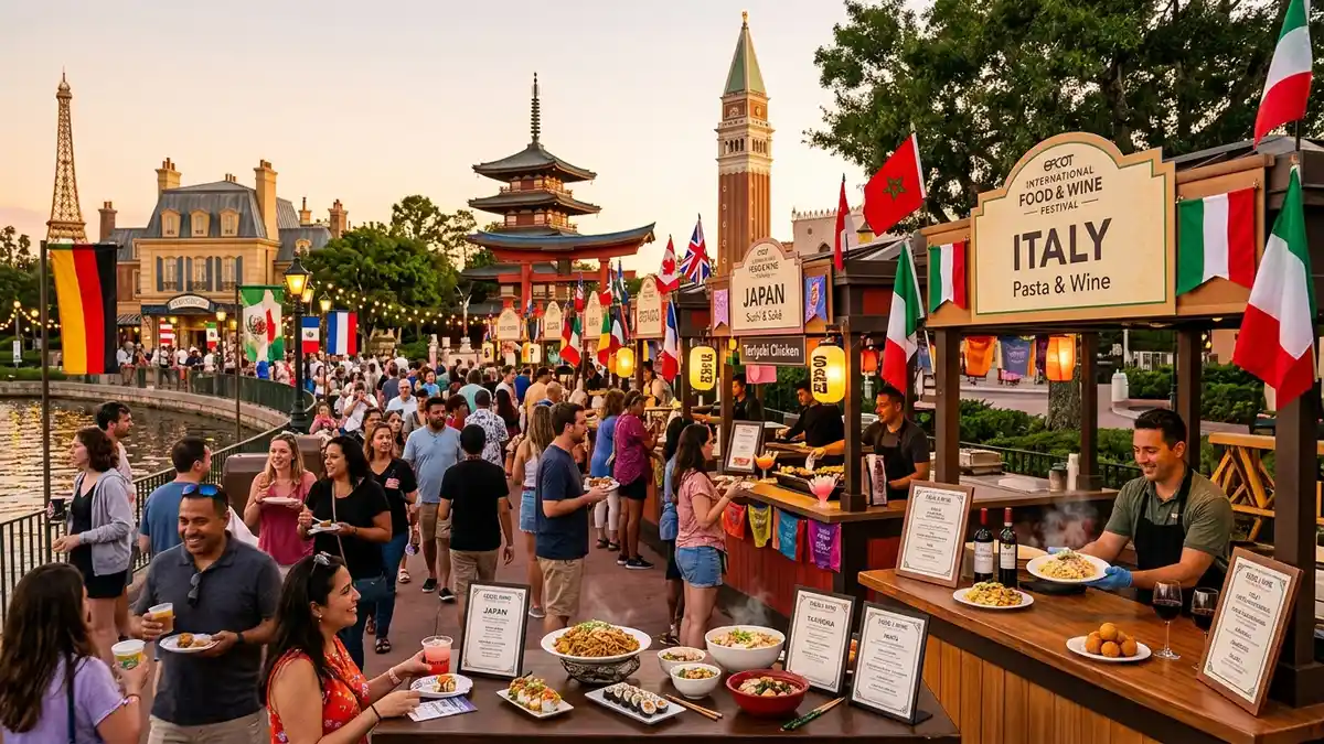 Family dining at EPCOT World Showcase with kids trying food from different countries