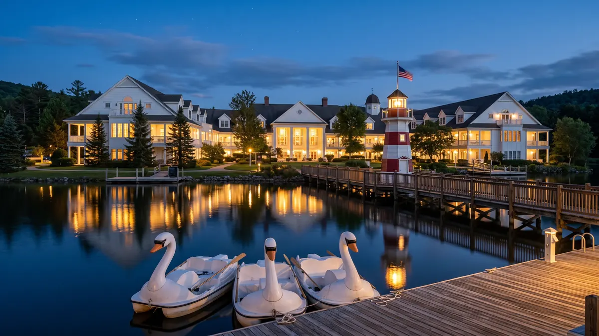 Disney BoardWalk Inn and surrounding area with EPCOT Spaceship Earth visible in the background