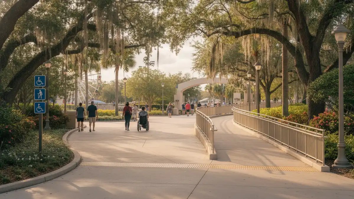 Wide accessible pathways with covered shade structures throughout Universal Epic Universe Orlando Florida