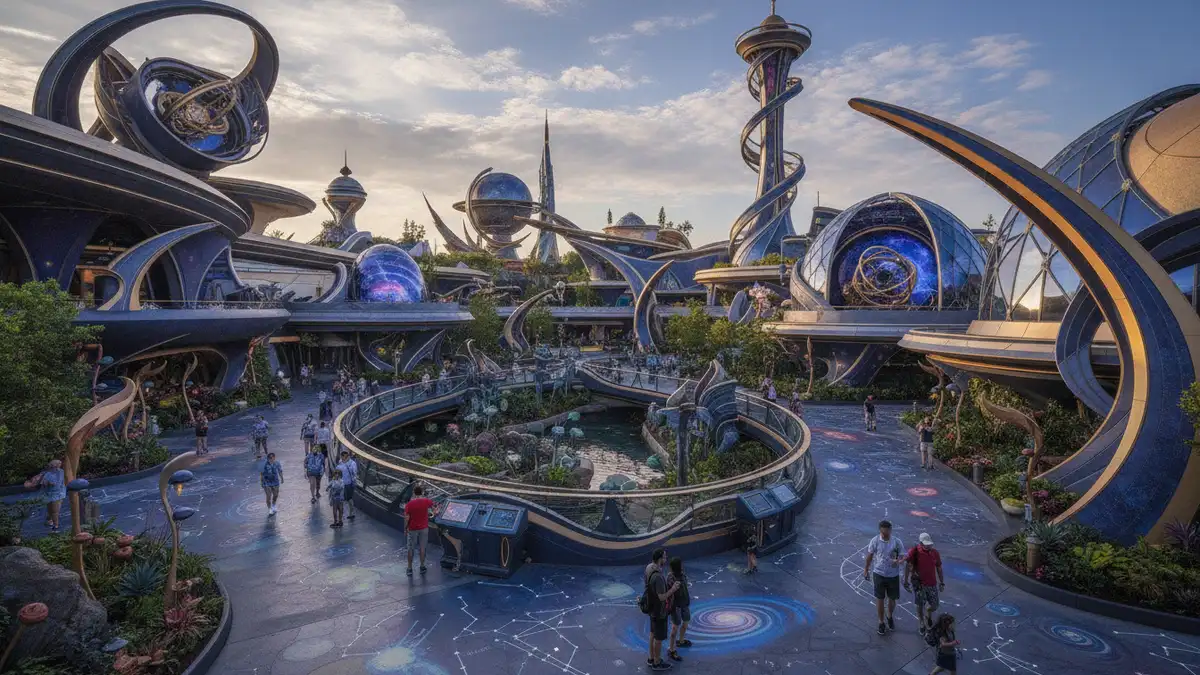 Celestial Park hub with Stardust Racers coaster and Constellation Carousel at Universal Epic Universe Orlando