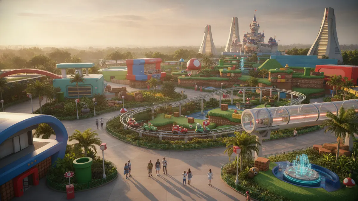 Super Nintendo World Mushroom Kingdom with Peach's Castle and Mario Kart ride at Epic Universe Orlando