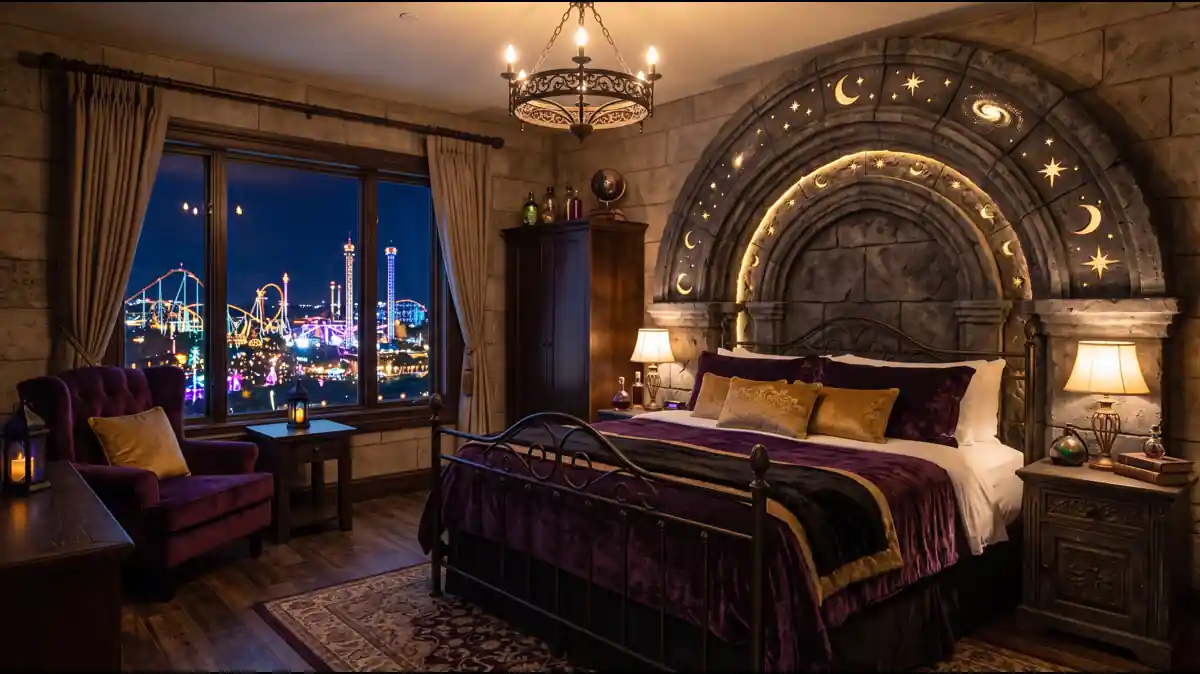 Family Care Center and Celestial Park hub area with themed portals at Universal Epic Universe