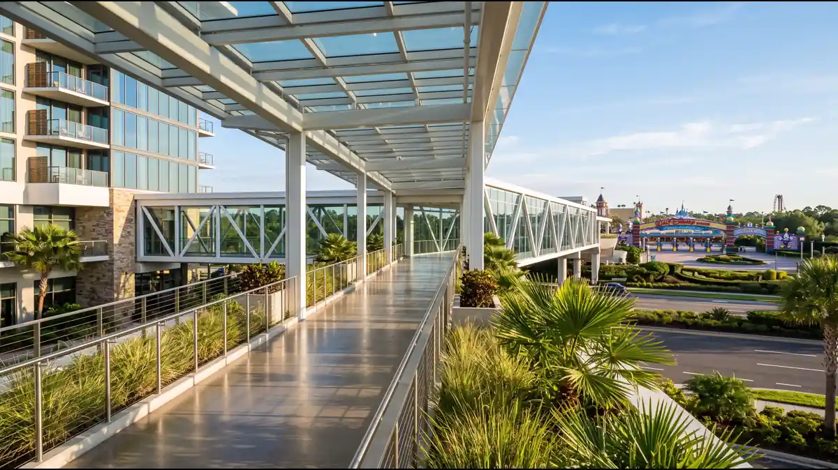 Epic Universe parking structure and covered walkway to park entrance with Celestial Park arch visible Orlando Florida