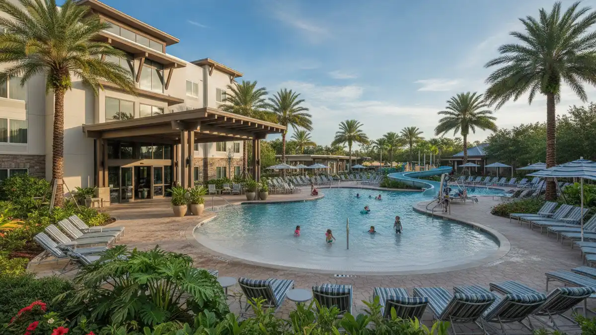 Universal Cabana Bay Beach Resort retro pool with lazy river near Volcano Bay and Epic Universe shuttle