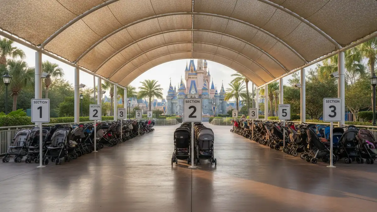 Covered stroller parking area near attraction entrance at Universal Epic Universe Orlando Florida