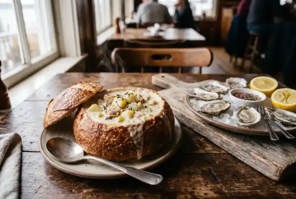 New England clam chowder in a bread bowl at a Boston seafood restaurant