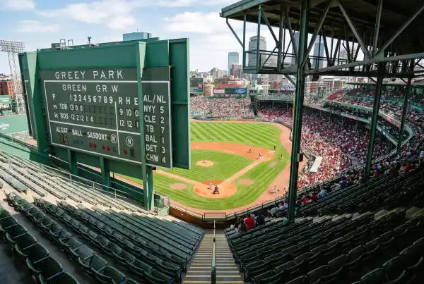 View from the Green Monster seats at Fenway Park looking down at the field
