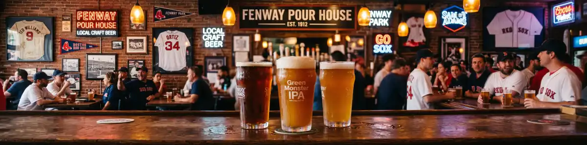 Lively bar scene near Fenway Park with craft beers and sports memorabilia on exposed brick walls