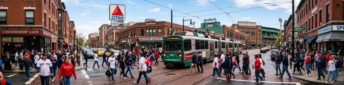 Kenmore Square MBTA station area with the Citgo sign and Green Line trolley heading toward Fenway Park