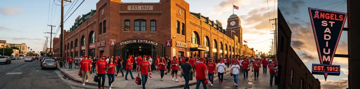 Fenway Park exterior at golden hour from Lansdowne Street with the Citgo sign visible and fans walking toward the ballpark