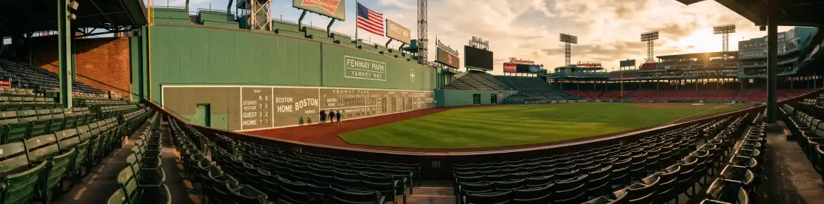 Inside Fenway Park looking at the Green Monster wall from the warning track with the manual scoreboard visible