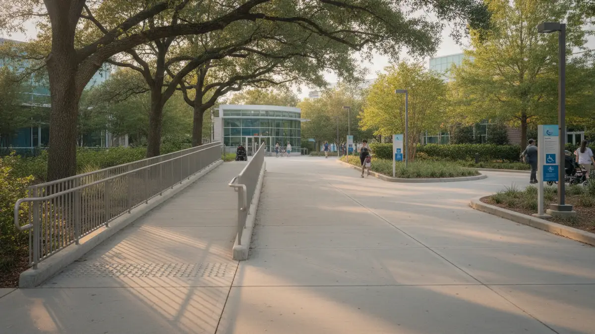 Accessible ramp and elevator entrance area with wheelchair access signage at Georgia Aquarium Atlanta