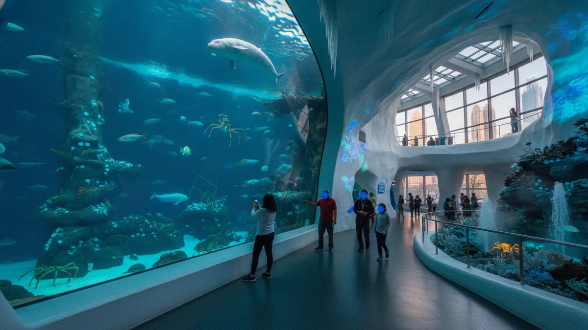 Cold Water Quest gallery with penguin exhibit viewing area at Georgia Aquarium Atlanta