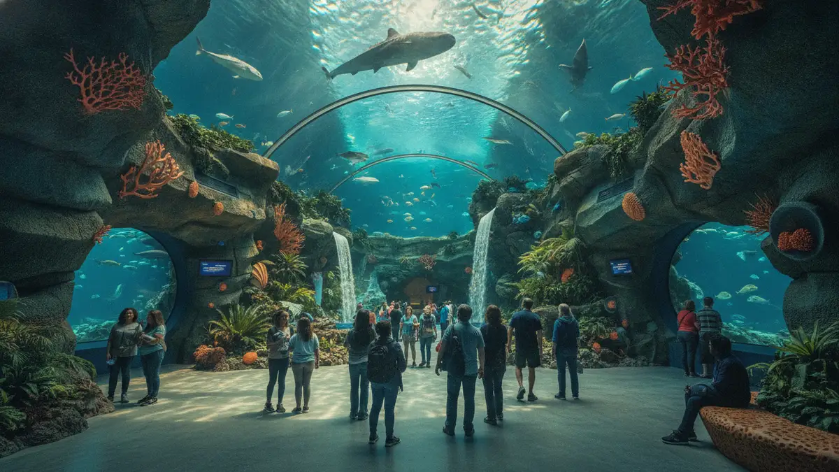 Georgia Aquarium main lobby atrium with families entering and ticket counters in downtown Atlanta