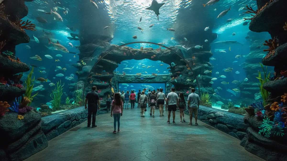 Ocean Voyager acrylic tunnel with whale sharks and rays overhead at Georgia Aquarium Atlanta Georgia