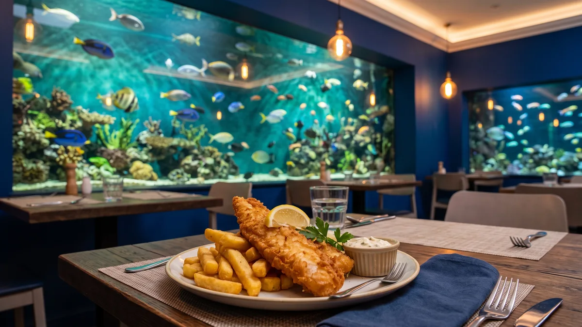 Family dining area with aquarium-themed decor and food options inside Georgia Aquarium in Atlanta Georgia