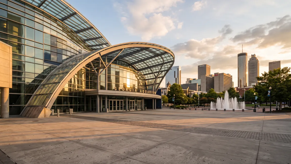 Georgia Aquarium exterior entrance with families and the iconic building facade in downtown Atlanta Georgia