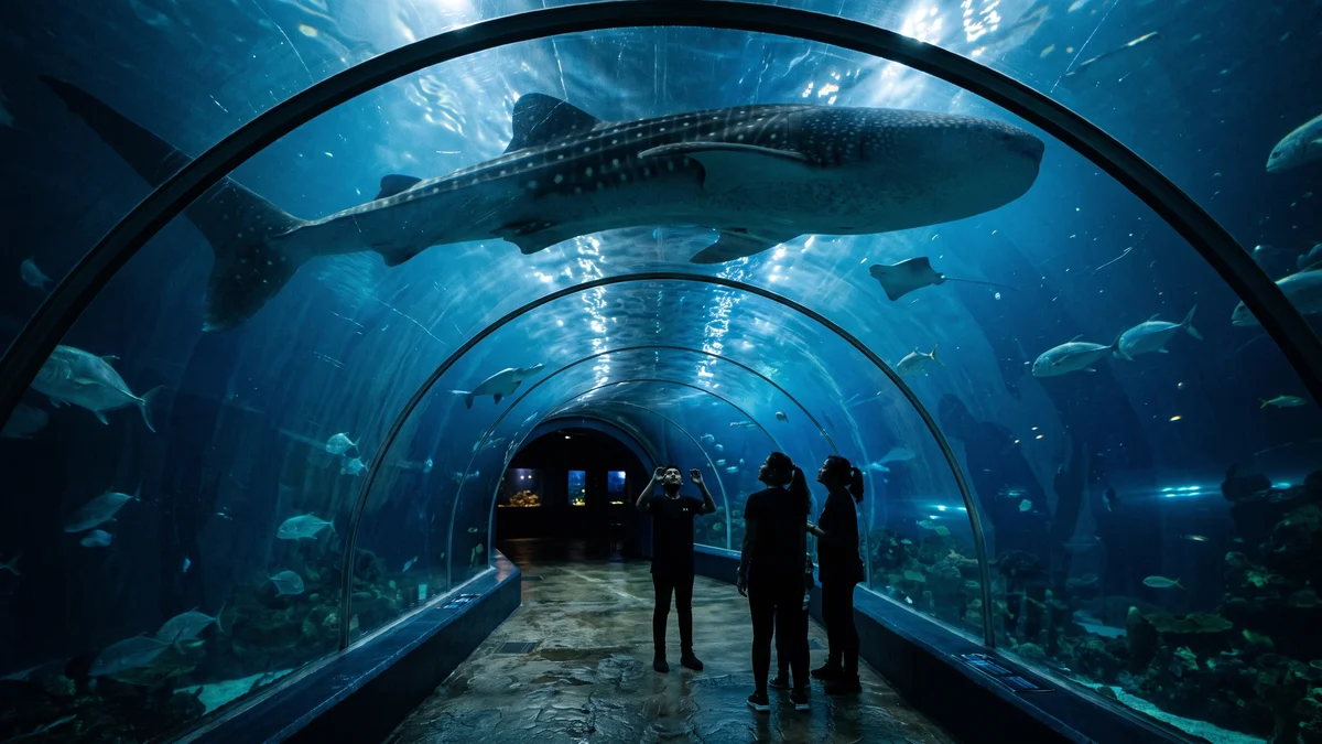 Families walking through gallery corridors past massive aquarium tanks at Georgia Aquarium in Atlanta