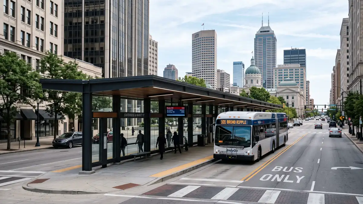 Downtown Indianapolis skyline with Gainbridge Fieldhouse visible from the interstate approach