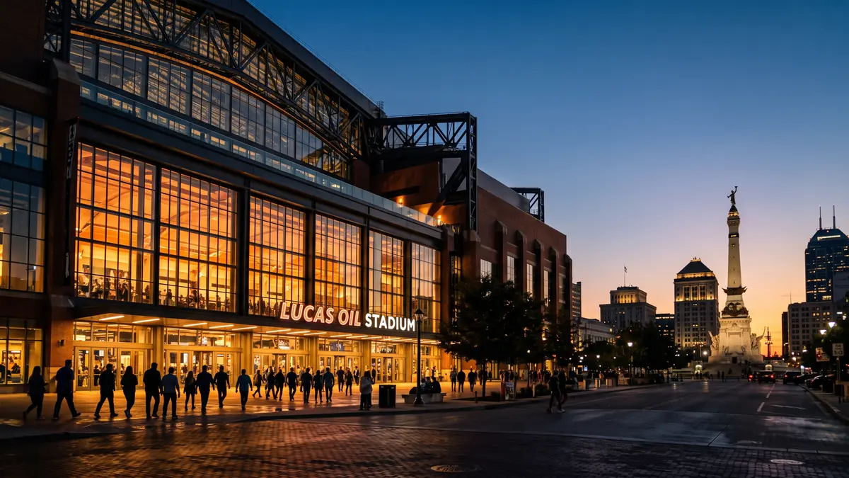Gainbridge Fieldhouse exterior in downtown Indianapolis at night with fans heading to an Indiana Pacers game
