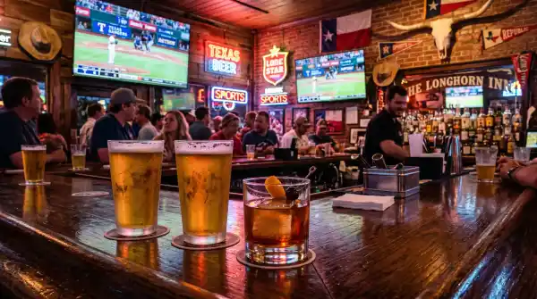 Two pints of craft beer at a Texas sports bar with Rangers memorabilia and a baseball game on TV