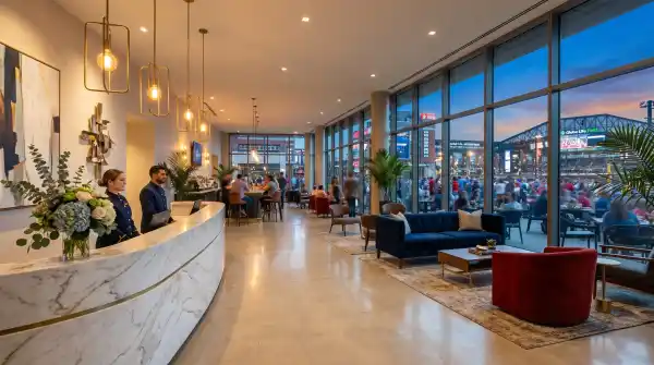 Modern hotel lobby entrance at dusk in the Arlington Entertainment District near Globe Life Field