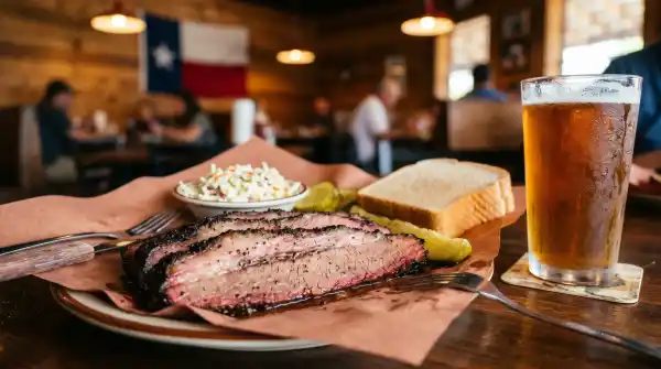 Texas barbecue brisket and sides being served at a restaurant near Globe Life Field in Arlington
