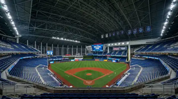Inside Globe Life Field looking across the baseball diamond and retractable roof from the upper deck