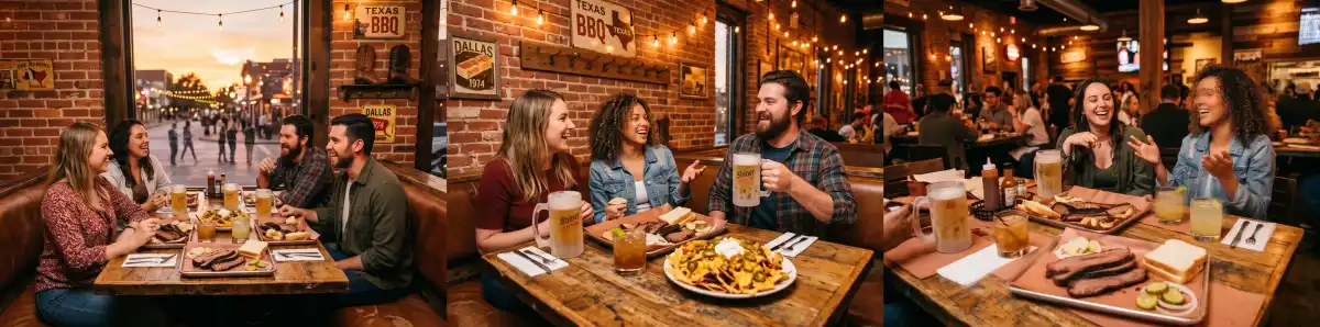 Friends enjoying craft beers and Texas barbecue at an outdoor patio in the Arlington Entertainment District before a Rangers game at Globe Life Field
