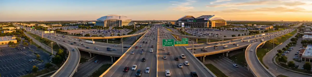 Aerial view of the Arlington Entertainment District with Globe Life Field and AT&T Stadium side by side and highways connecting to the DFW metroplex
