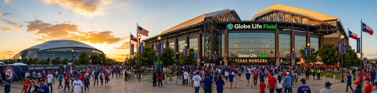 Globe Life Field exterior at golden hour with the retractable roof visible and fans walking along Stadium Drive in Arlington Texas