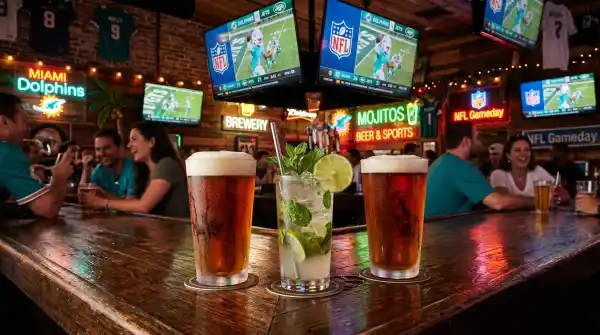 Cold craft beers at a Miami sports bar before a Dolphins game