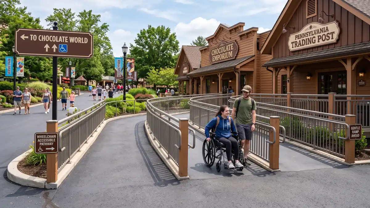 Accessible pathway with wheelchair ramp and signage along the midway at Hersheypark Hershey Pennsylvania