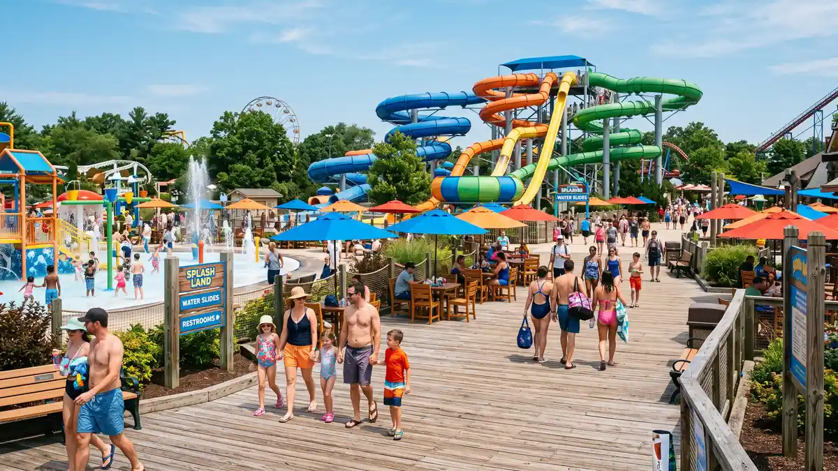 The Boardwalk waterpark area with wave pool and water slides included with Hersheypark admission