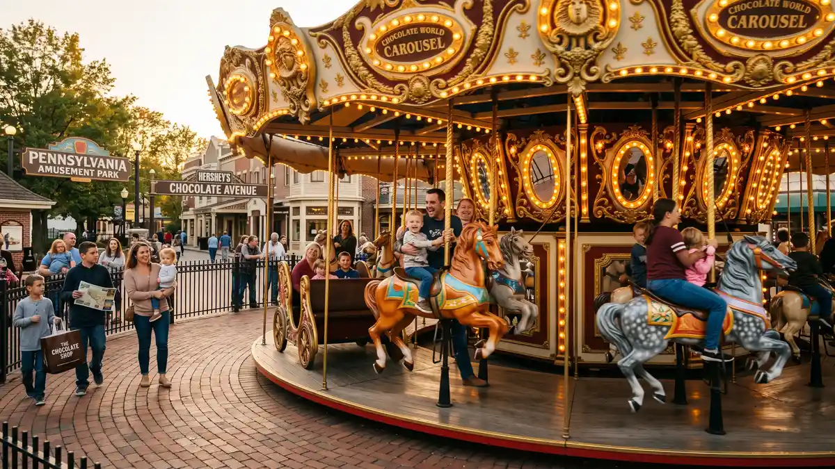 Carousel Circle with historic Carrousel and toddler rides surrounded by chocolate-themed decor at Hersheypark