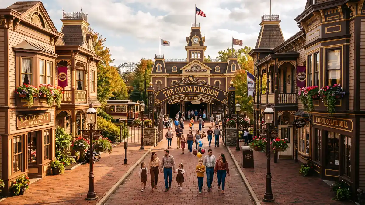 Founder's Way entrance area with chocolate-themed architecture and family rides at Hersheypark Hershey Pennsylvania