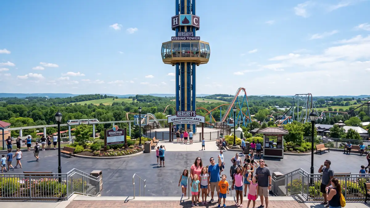 Kissing Tower observation ride with Fahrenheit coaster visible on the hillside at Hersheypark