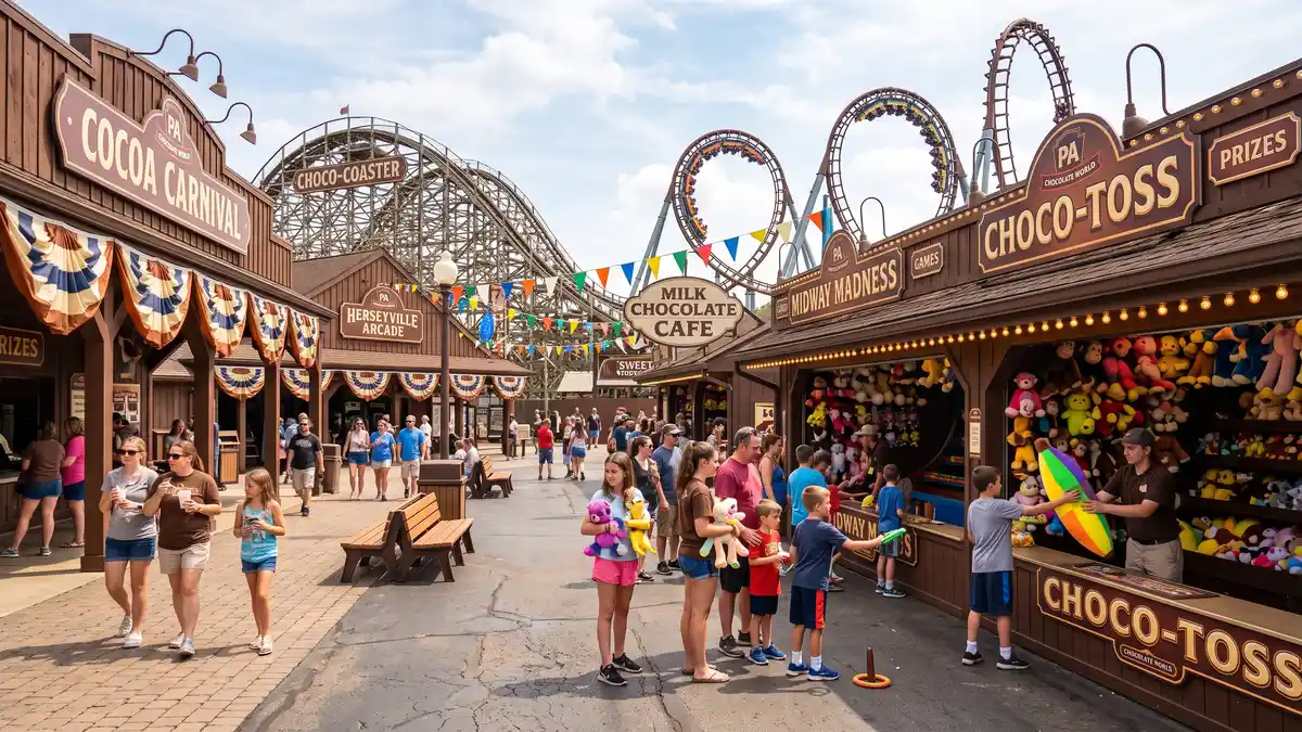 Midway America with Candymonium hyper coaster and midway games at Hersheypark Hershey Pennsylvania
