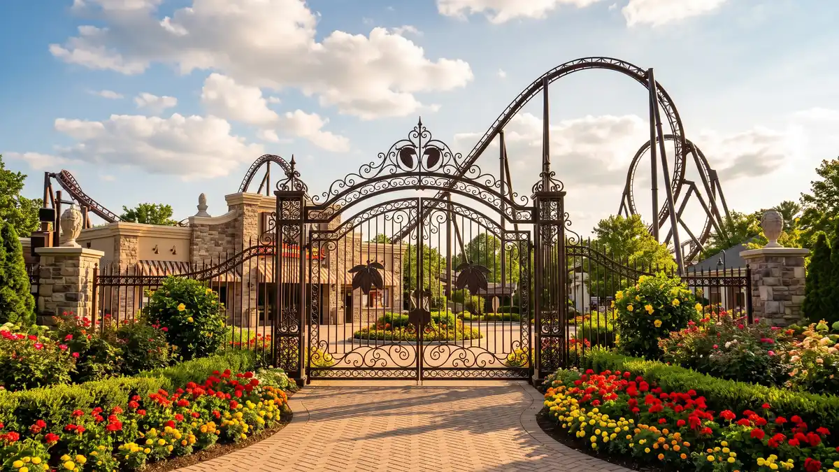 Hersheypark entrance at golden hour with Candymonium roller coaster and chocolate-themed architecture in Hershey Pennsylvania