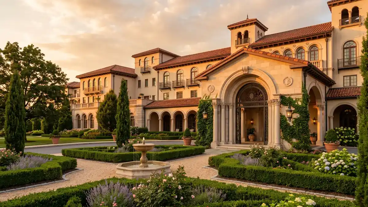 The Hotel Hershey luxury spa resort with manicured gardens and hilltop views in Hershey Pennsylvania