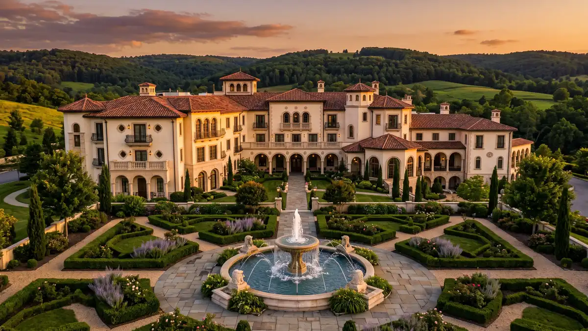 The Hotel Hershey luxury resort exterior with manicured gardens and spa amenities in Hershey Pennsylvania