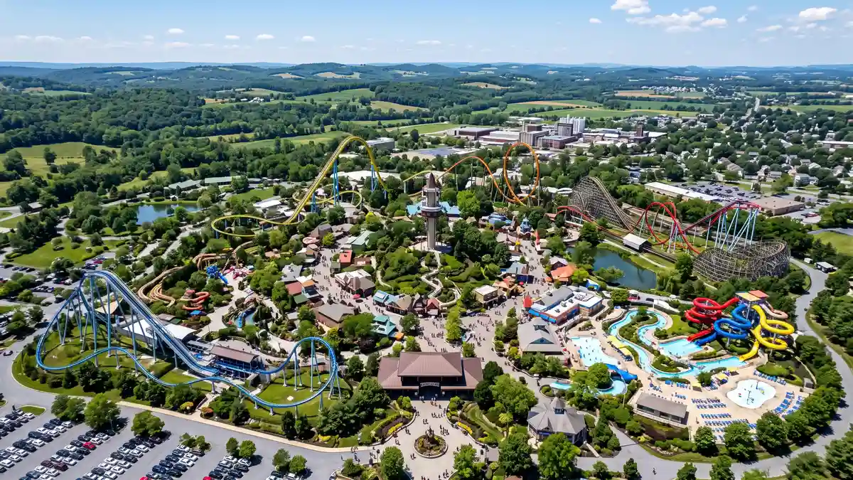 Aerial overview of Hersheypark showing roller coasters and themed areas nestled in Hershey Pennsylvania hills