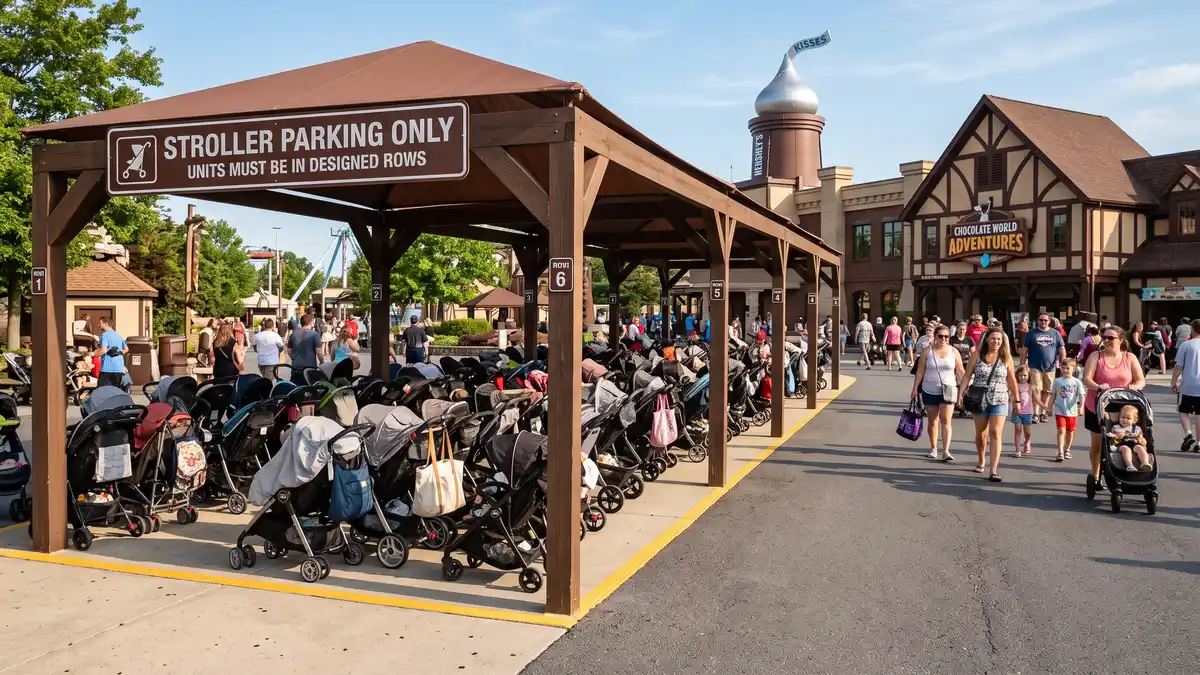 Stroller parking area near ride entrance with chocolate-themed signage at Hersheypark Hershey Pennsylvania
