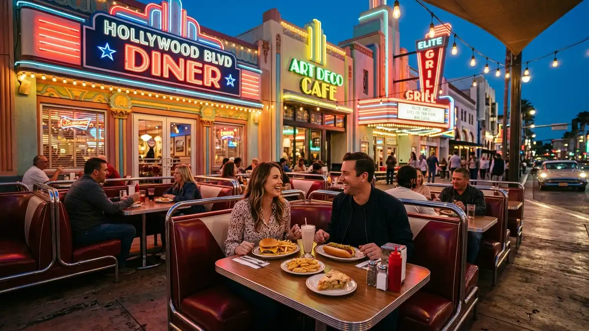 Family eating at a themed restaurant at Hollywood Studios with kids excited about Star Wars and Toy Story decorations